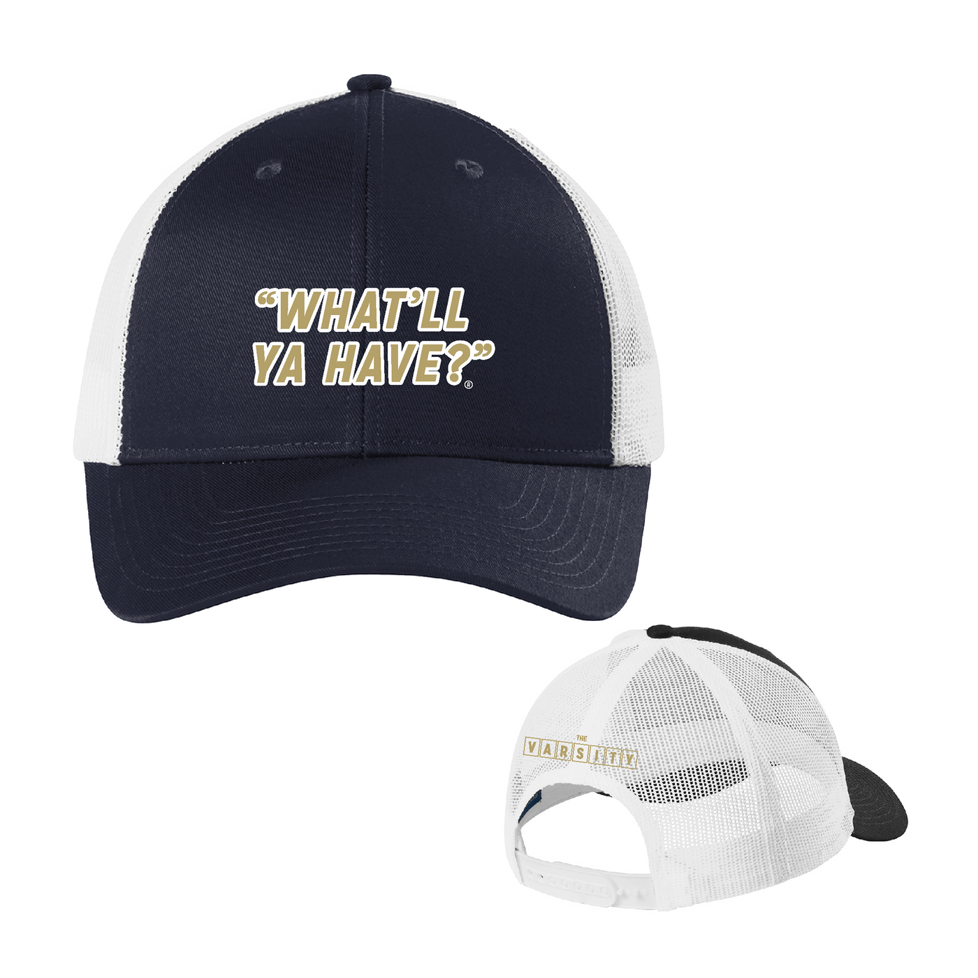 "What'll Ya Have" Trucker Cap, Navy Blue & White w/ Yellow logo